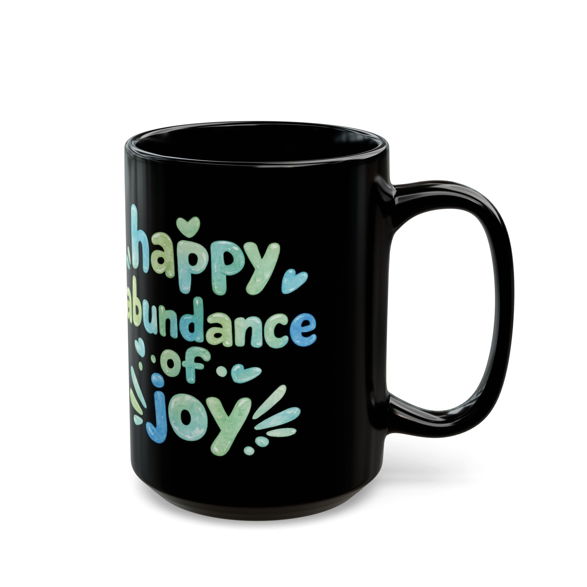 Happy Abundance of Joy™ Black Ceramic Mug | Inspirational Coffee Cup | Positive Gift | Motivational Tea Mug | Sea Glass Style