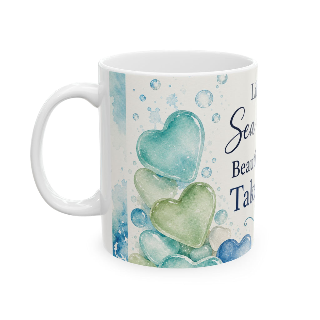 Like Sea Glass, Beautiful Things Take Time Mug | Coastal Inspiration Coffee Cup | Beach Lover Gift | Sea Glass Heart Mug | Ocean Quote Mug