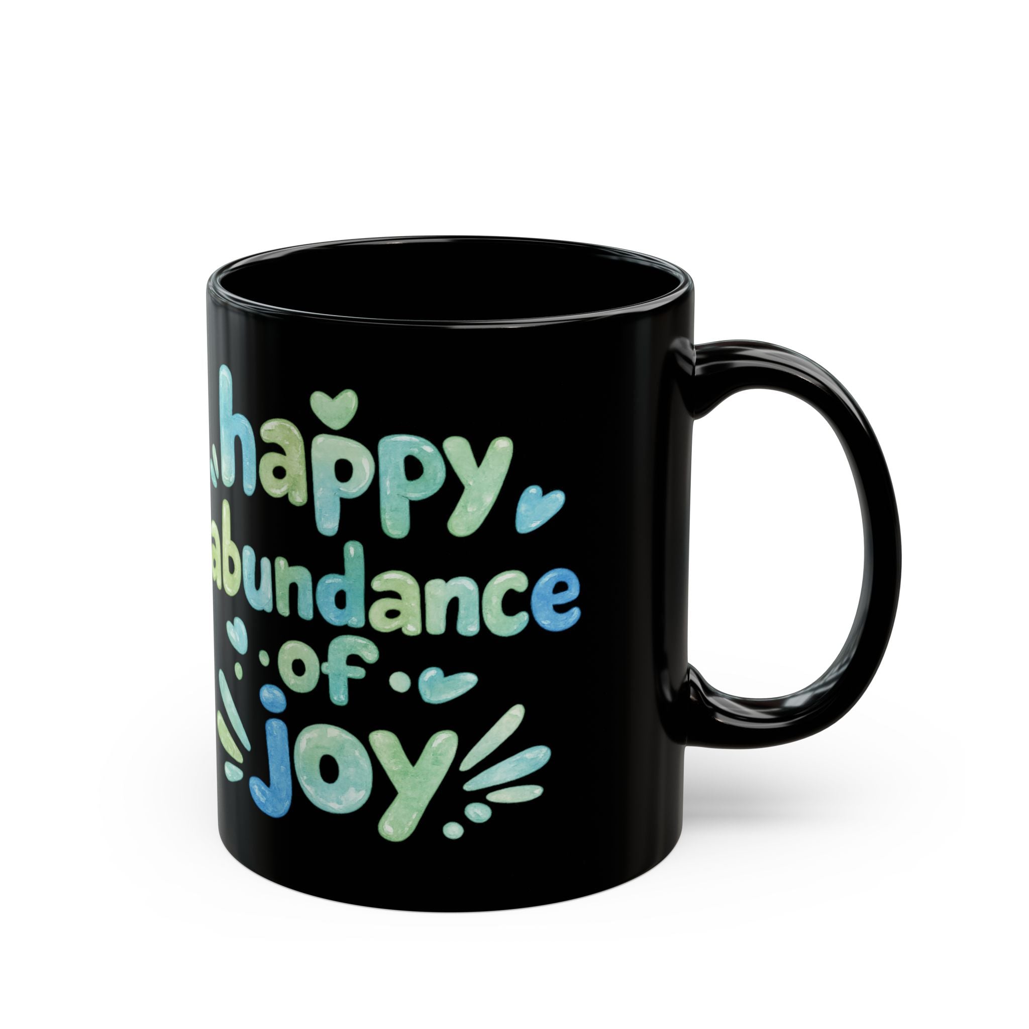 Happy Abundance of Joy™ Black Ceramic Mug | Inspirational Coffee Cup | Positive Gift | Motivational Tea Mug | Sea Glass Style