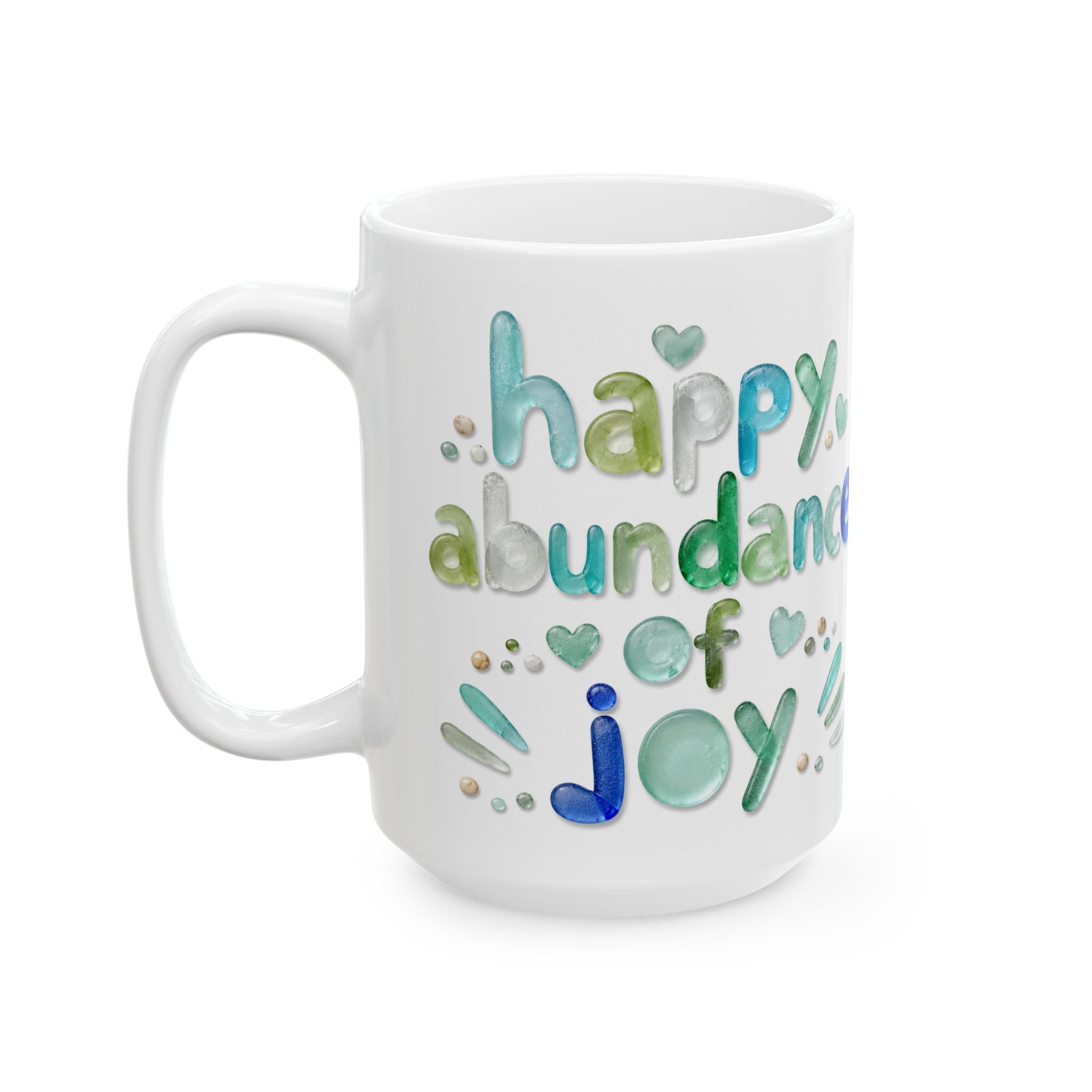 Happy Abundance of Joy™ Sea Glass Mug | Inspirational Coastal Coffee Cup | Gift for Her