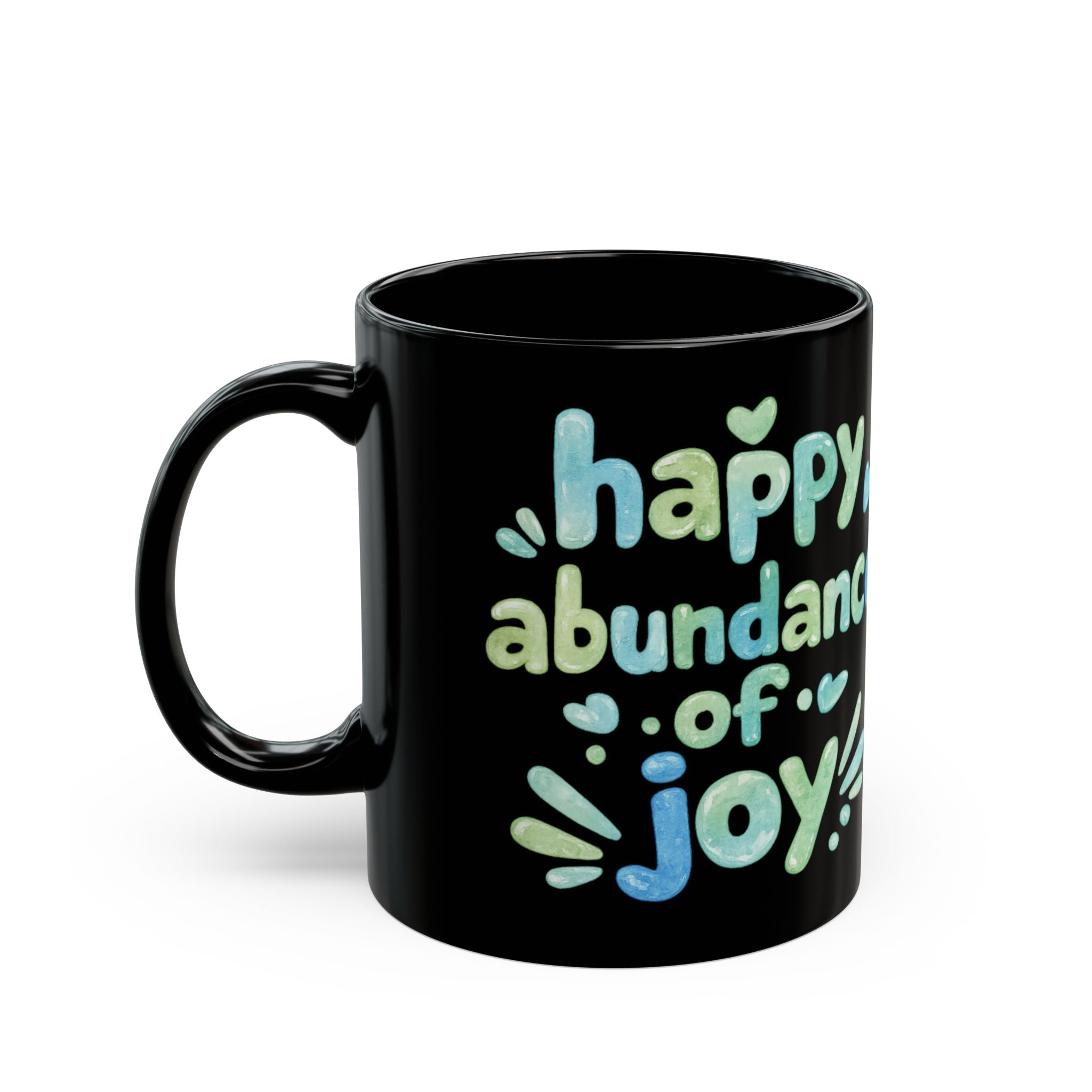 Happy Abundance of Joy™ Black Ceramic Mug | Inspirational Coffee Cup | Positive Gift | Motivational Tea Mug | Sea Glass Style