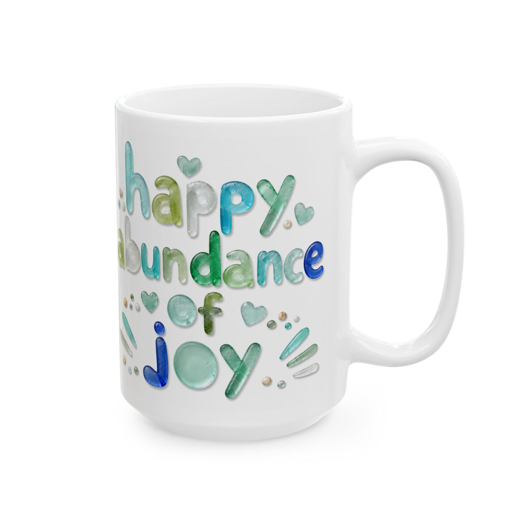 Happy Abundance of Joy™ Sea Glass Mug | Inspirational Coastal Coffee Cup | Gift for Her